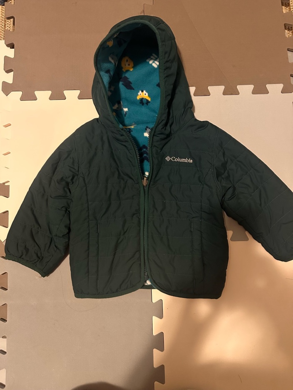 Columbia Kids Dark Green Hooded Puffer with Patterned Blue Lining